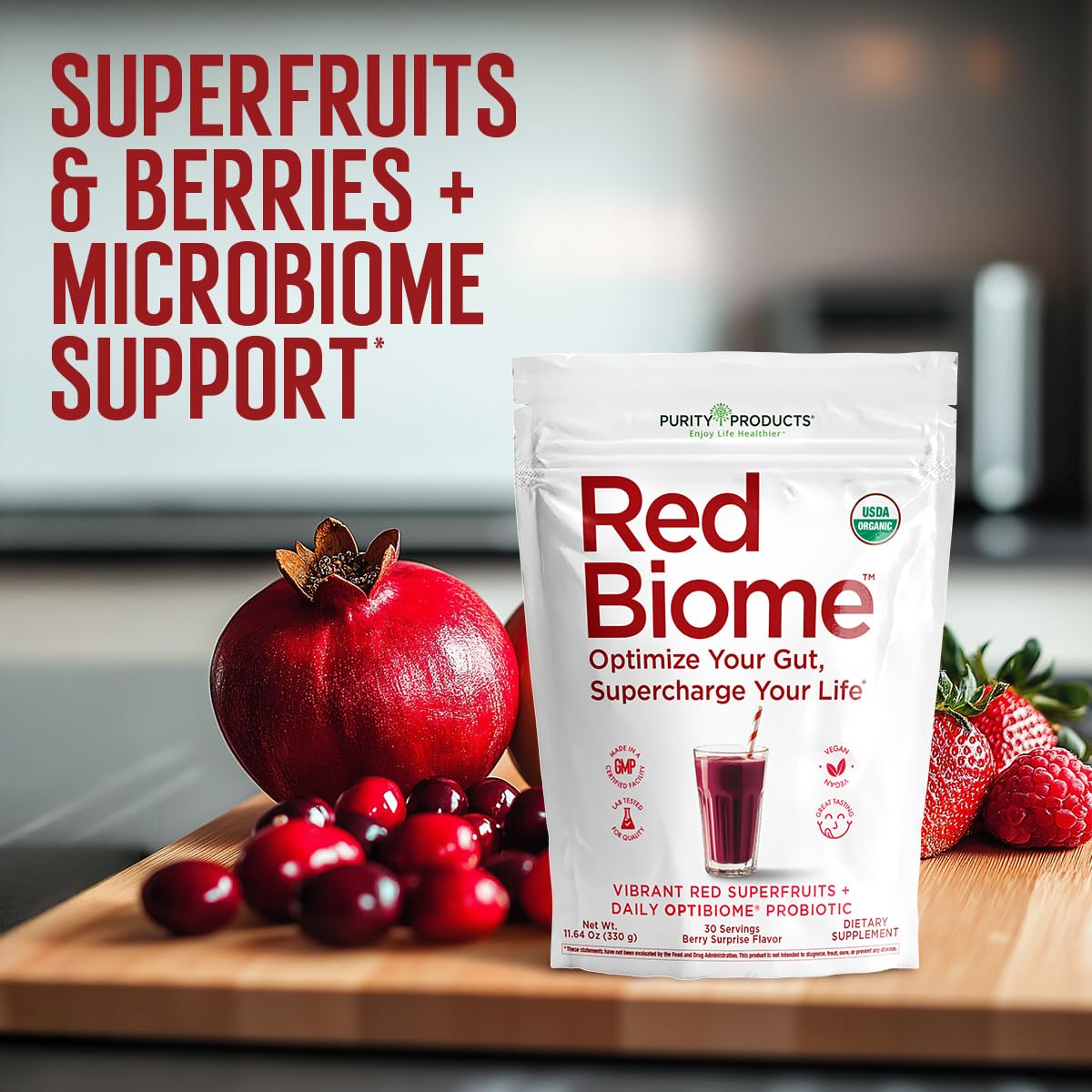 Purity Products Red Biome organic fiber content shown to support regularity.
