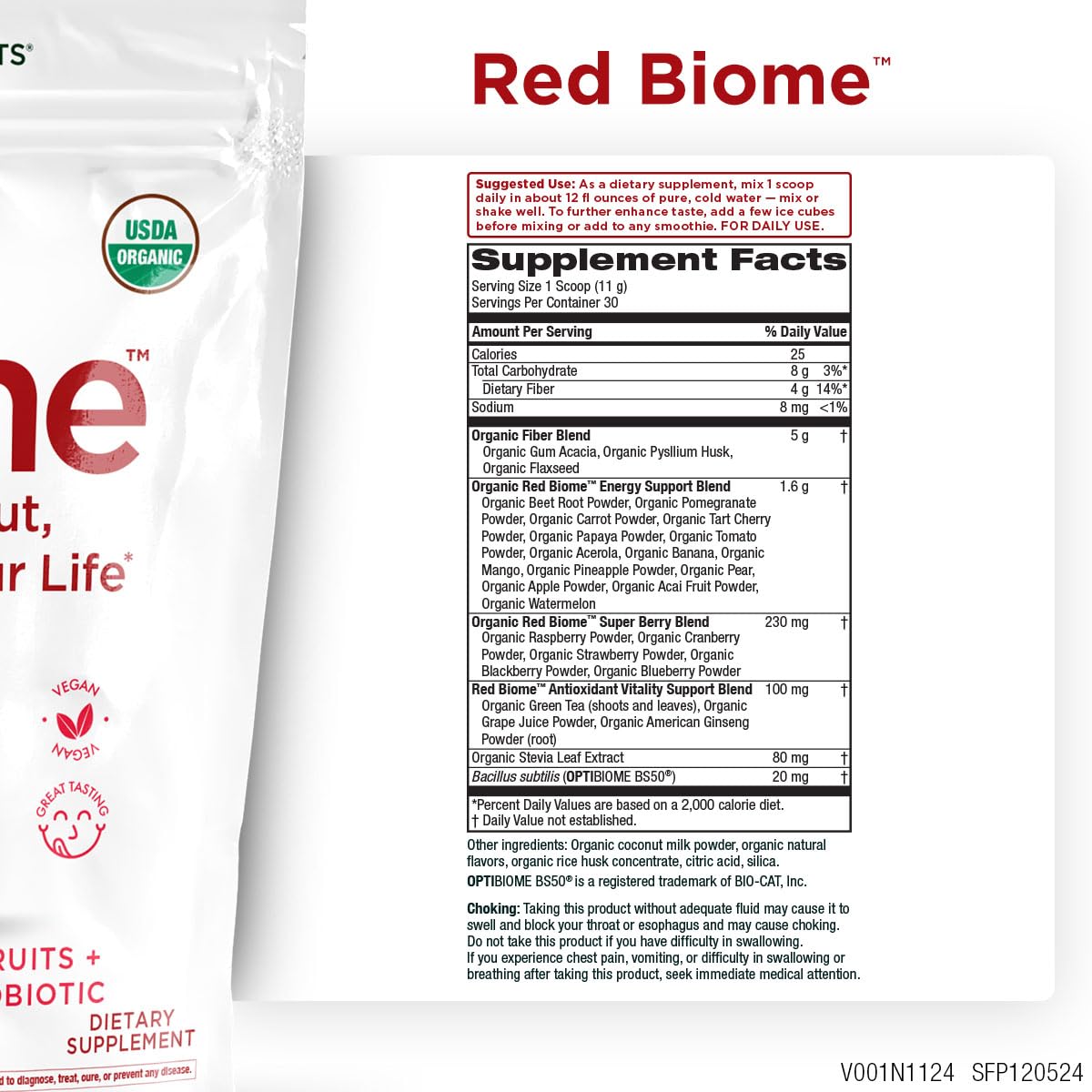 Purity Products Red Biome scoop used for measuring daily probiotic serving.