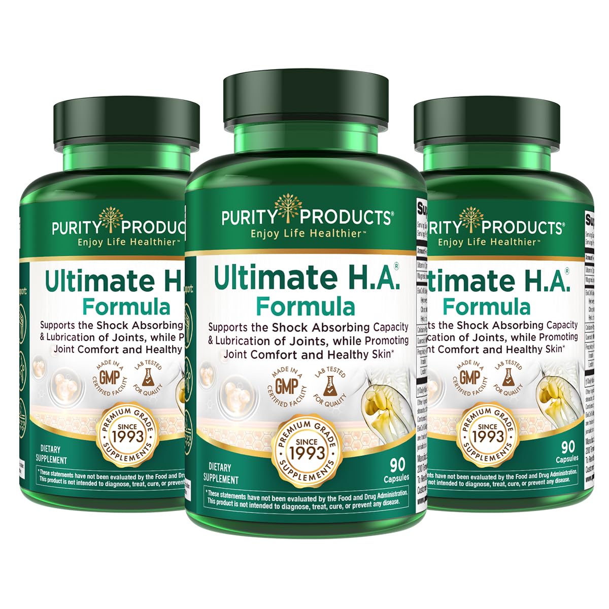 Purity Products Ultimate HA bottle with capsules for joint comfort and skin hydration.