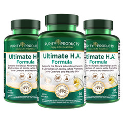 Purity Products Ultimate HA bottle with capsules for joint comfort and skin hydration.
