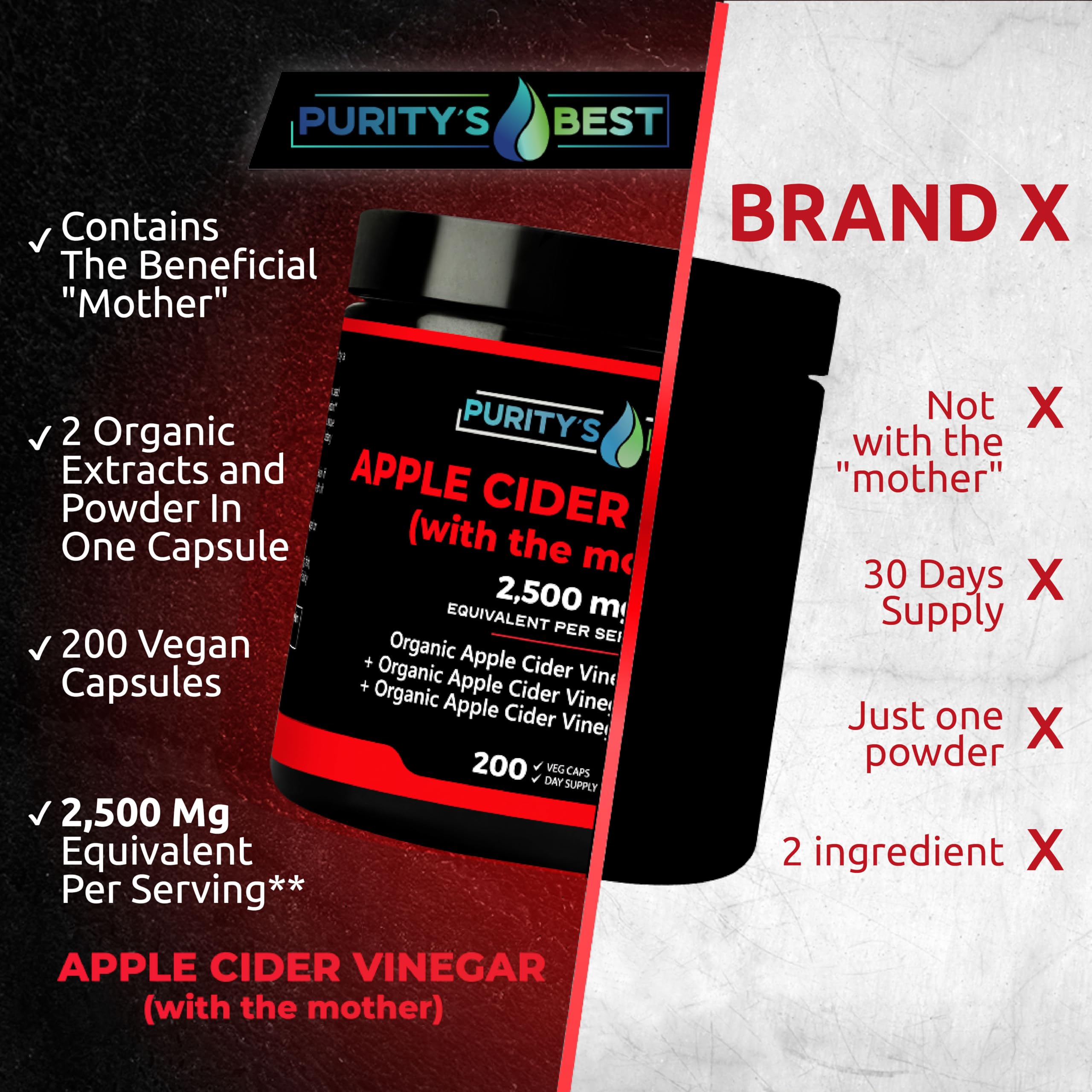 Label detail of Purity's Best ACV The Mother showing vegan and clean-label packaging.