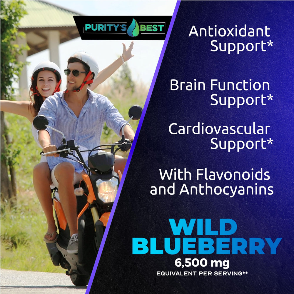 Purity’s Best Wild Blueberry Extract capsules dispense image emphasizing easy daily dosing.