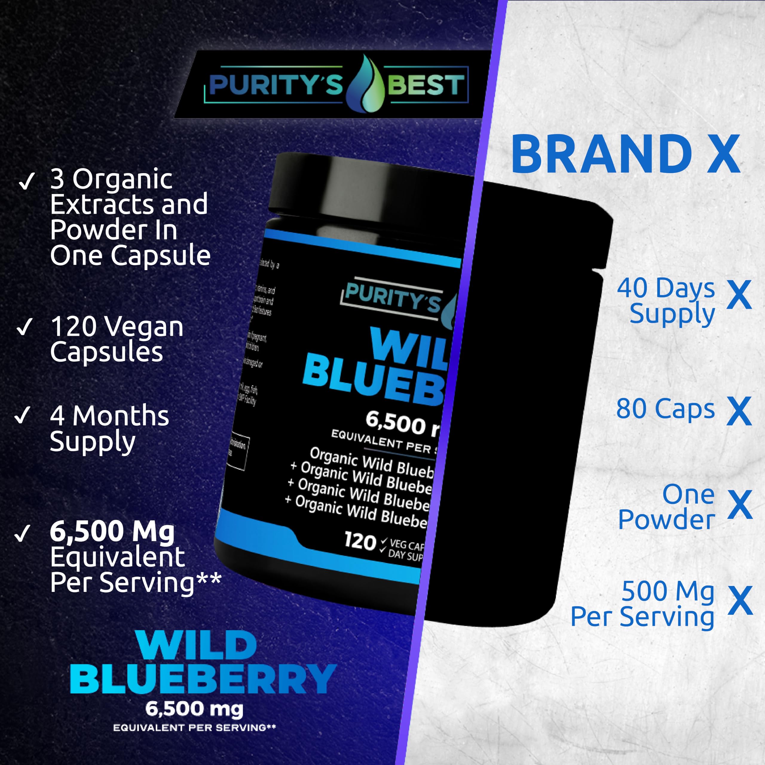 Purity’s Best Wild Blueberry Extract label detail highlighting flavonoids and anthocyanins.