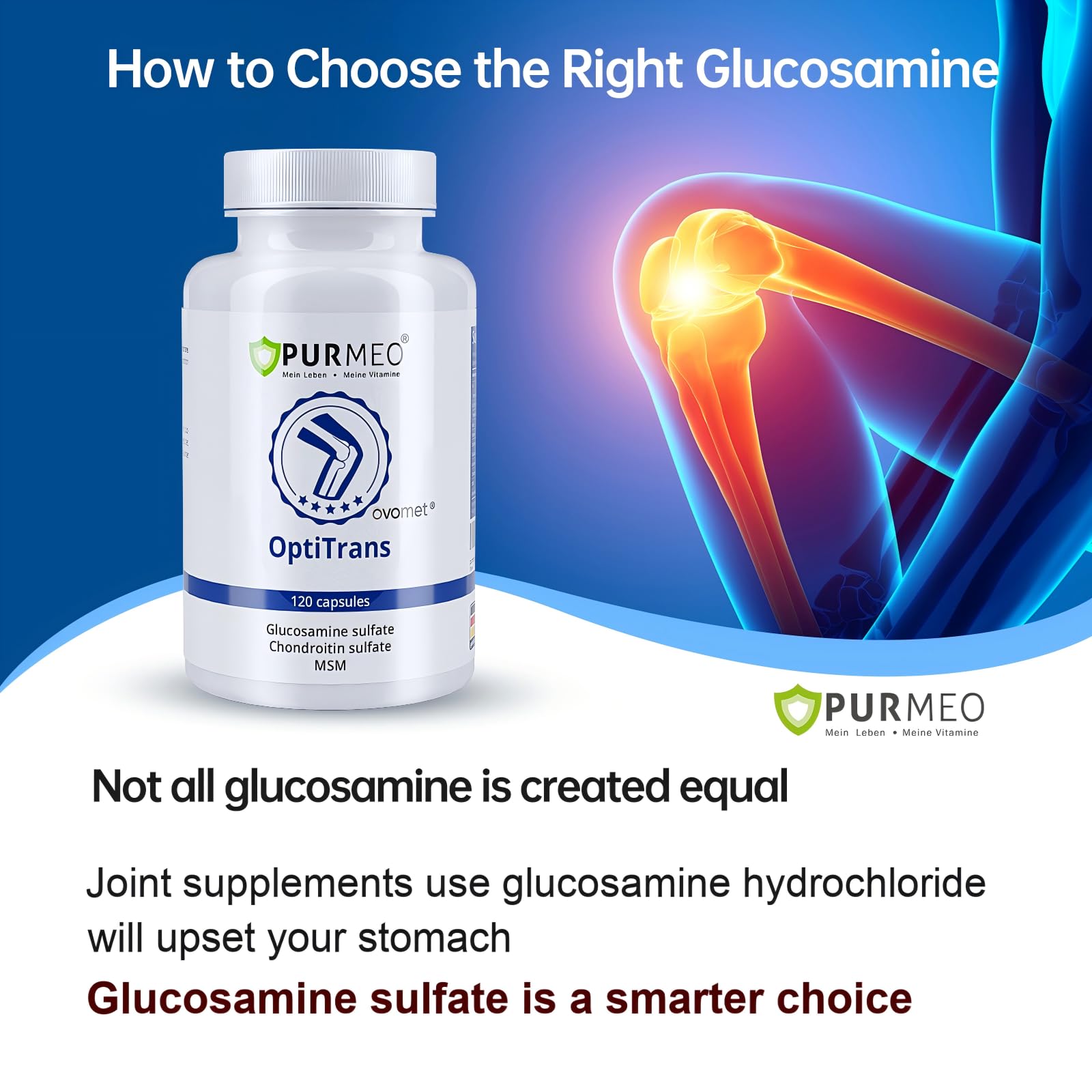 Purmeo low-purine glucosamine bottle highlighting gentle stomach experience