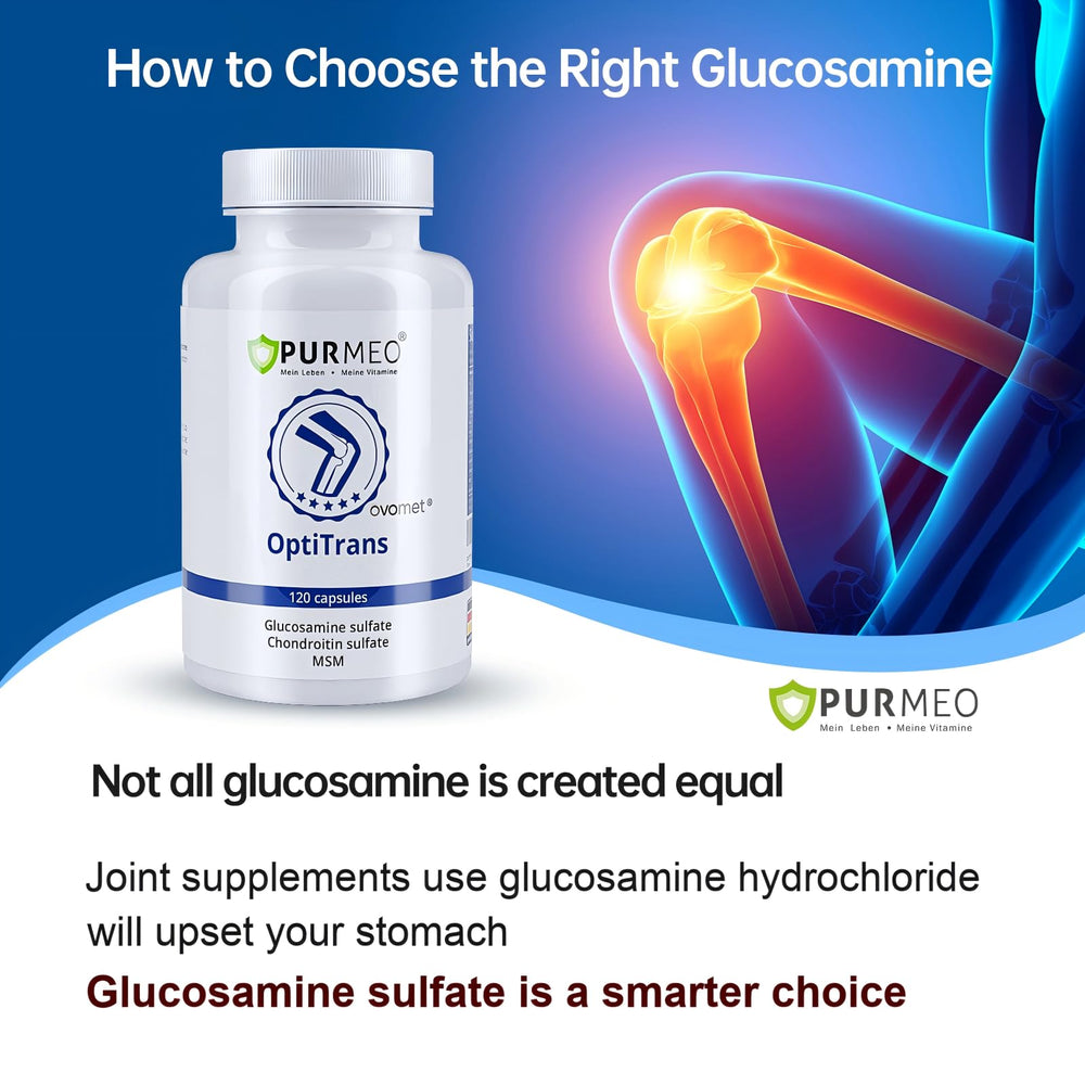 Purmeo low-purine glucosamine bottle highlighting gentle stomach experience