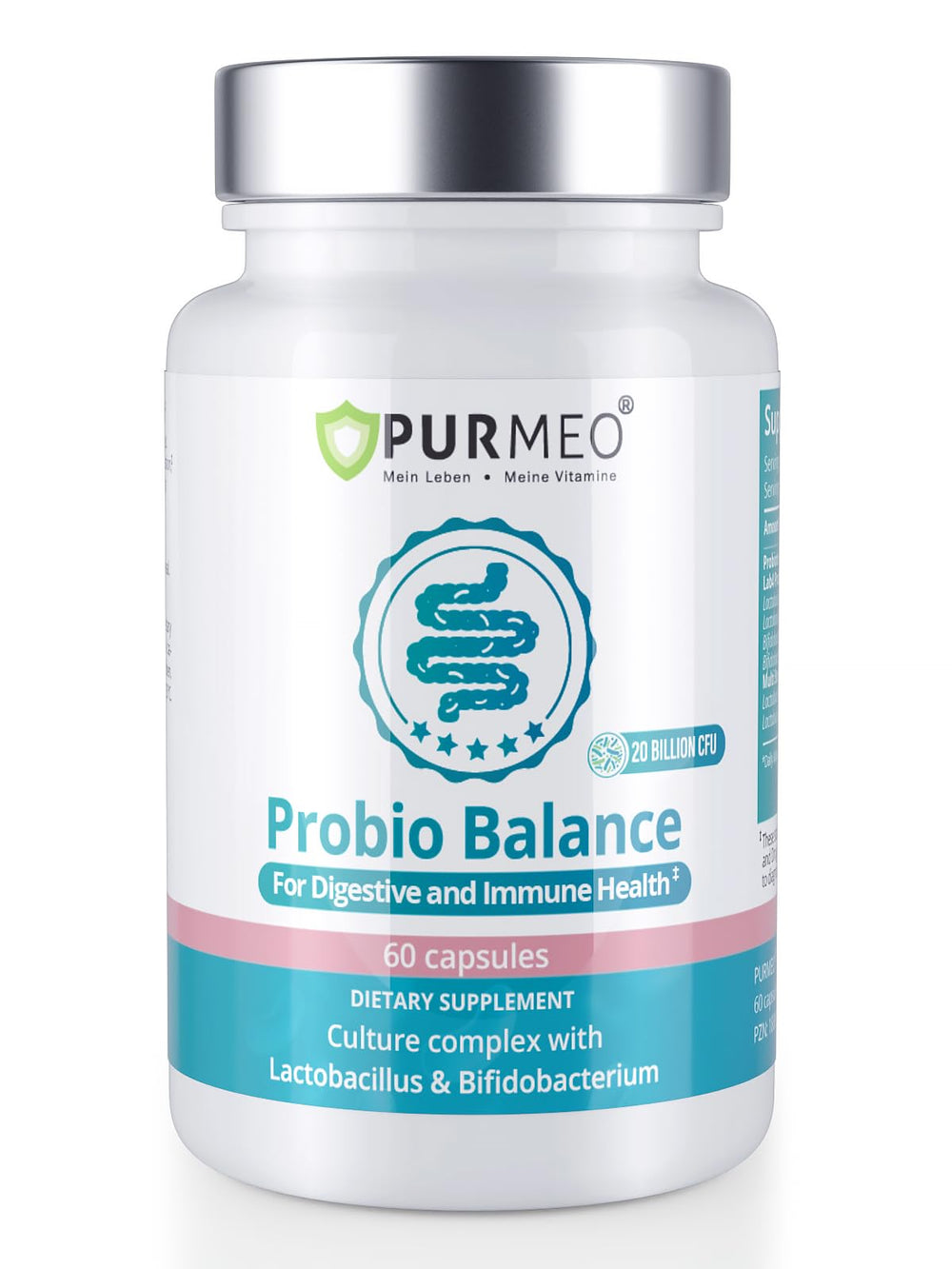 Purmeo Probiotics bottle showcasing Lab4 strains for balanced digestion.
