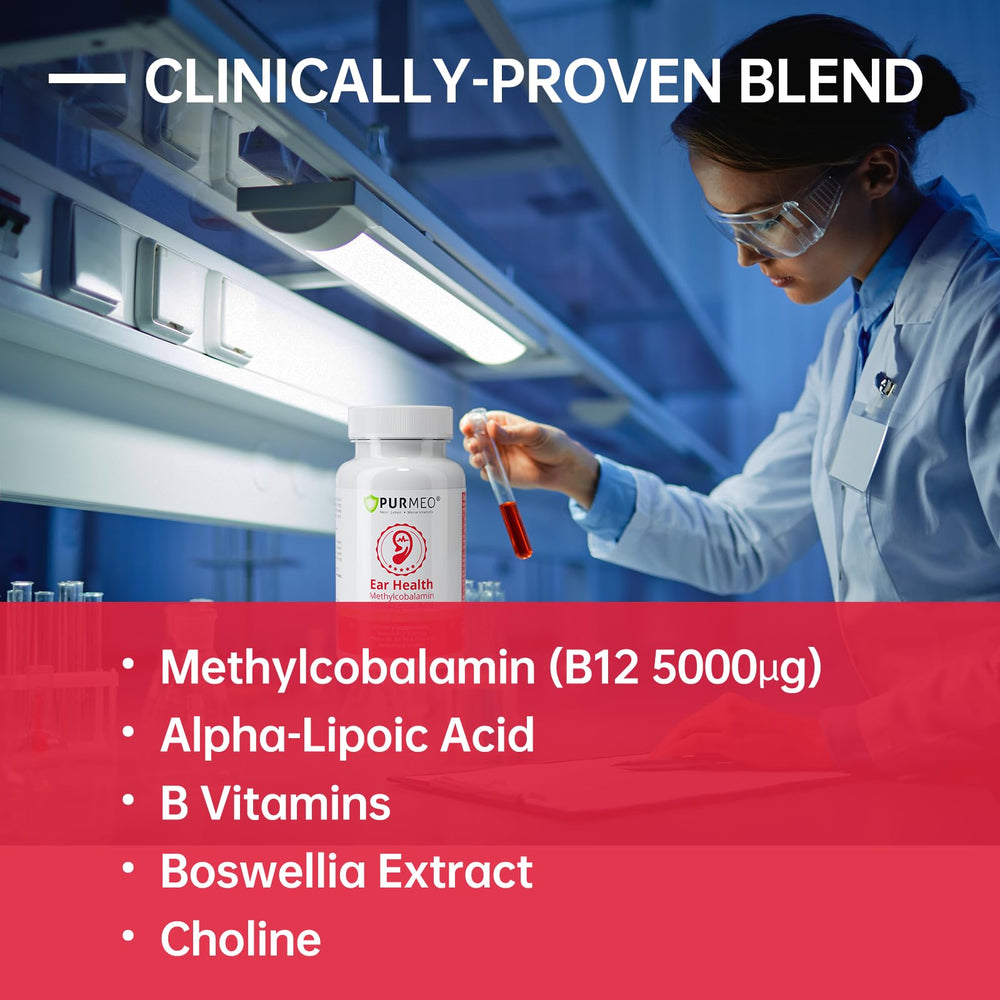 Purmeo Tinnitus Relief ingredients list featuring B vitamins and boswellia