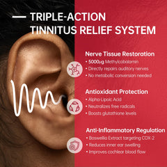 Purmeo Tinnitus Relief label detail shows methylcobalamin and alpha-lipoic acid