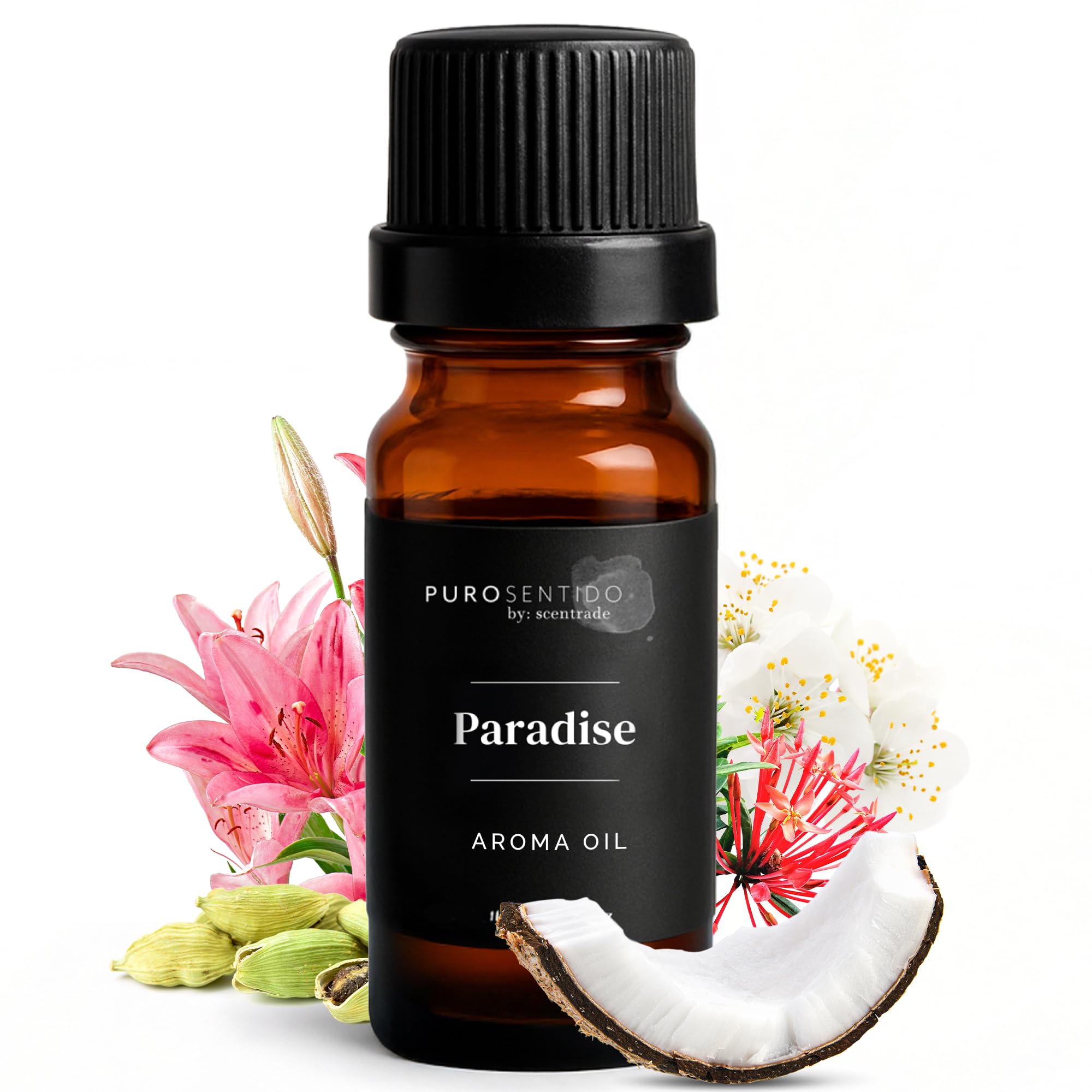 PuroSentido Paradise Tropical oil bottle displaying creamy coconut and florals in a fresh room context.