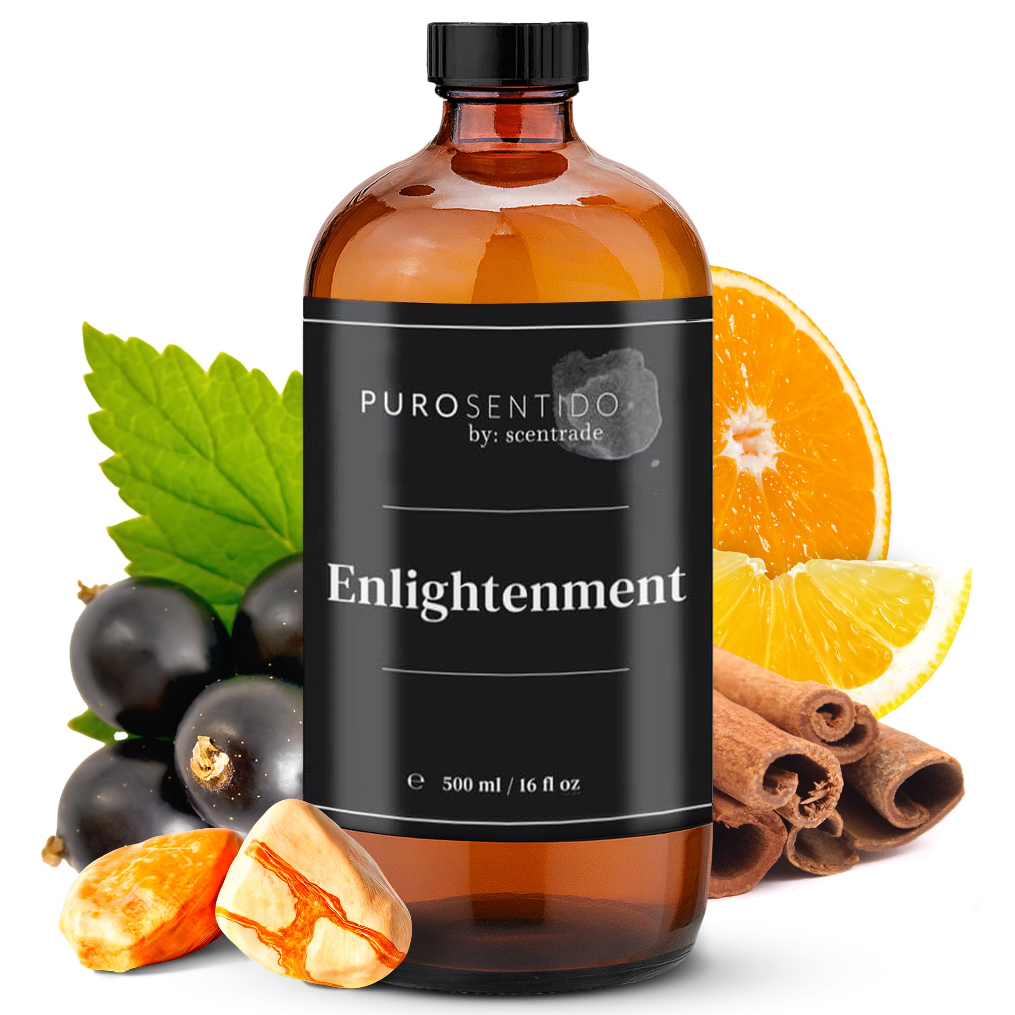 PuroSentido Enlightment aroma oil bottle on wood for premium diffuser setups.