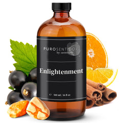 PuroSentido Enlightment aroma oil bottle on wood for premium diffuser setups.