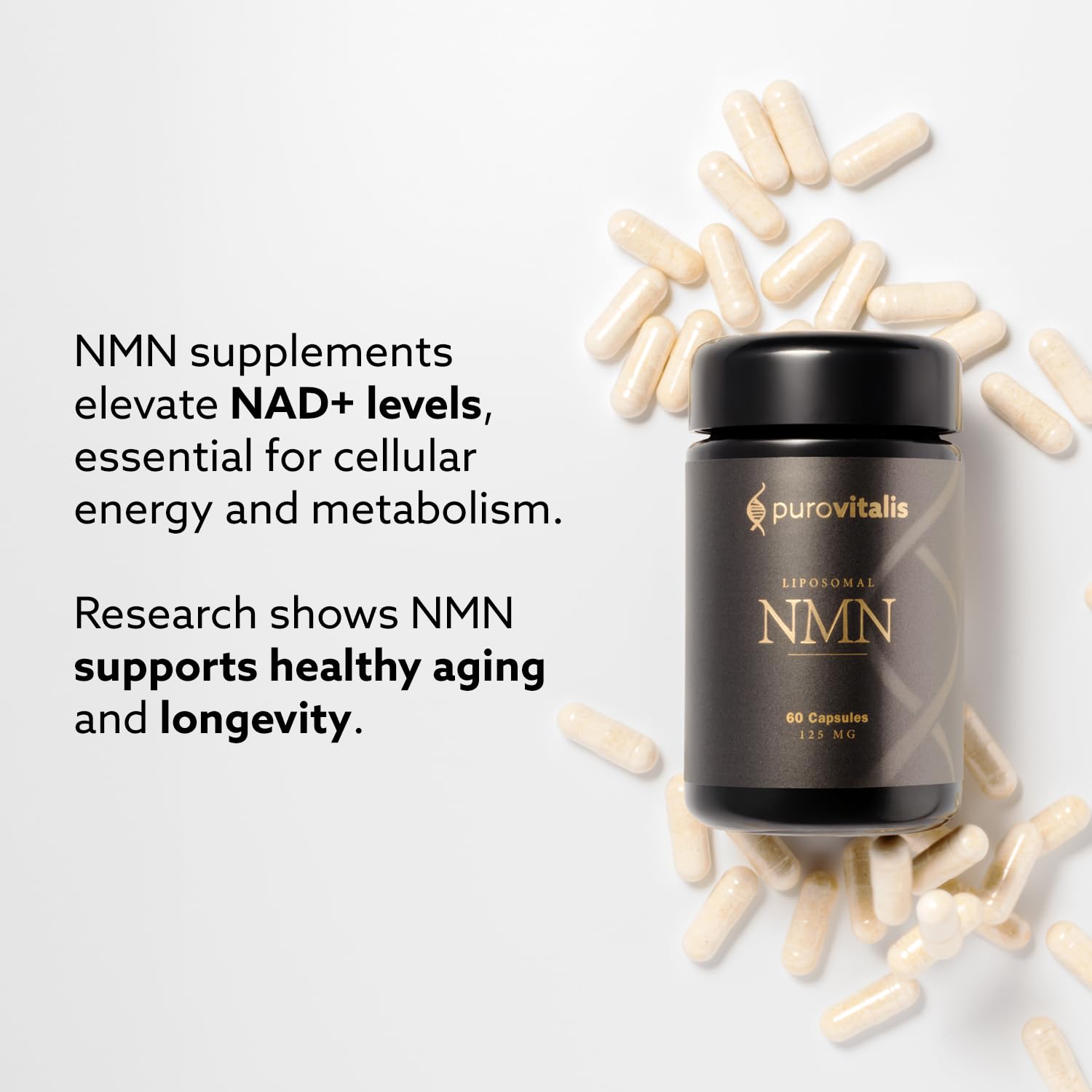 Close-up of PUROVITALIS NMN capsules highlighting vegan formulation