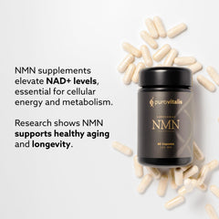 Close-up of PUROVITALIS NMN capsules highlighting vegan formulation