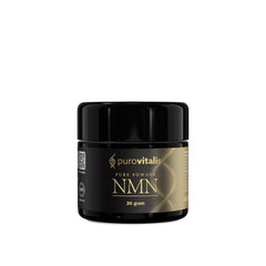 PUROVITALIS NMN powder bottle shows premium purity and easy daily dosing.