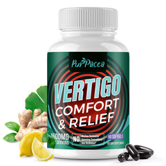 Purpacea liposomal vertigo bottle showing easy-to-take softgels for daily calm.