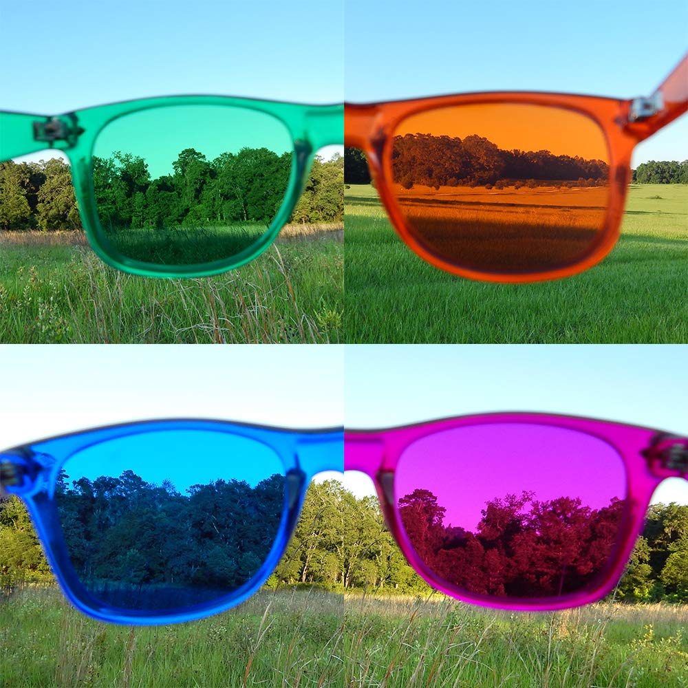 Purple Canyon colored frames with tinted lenses closeup show mood-matching options.