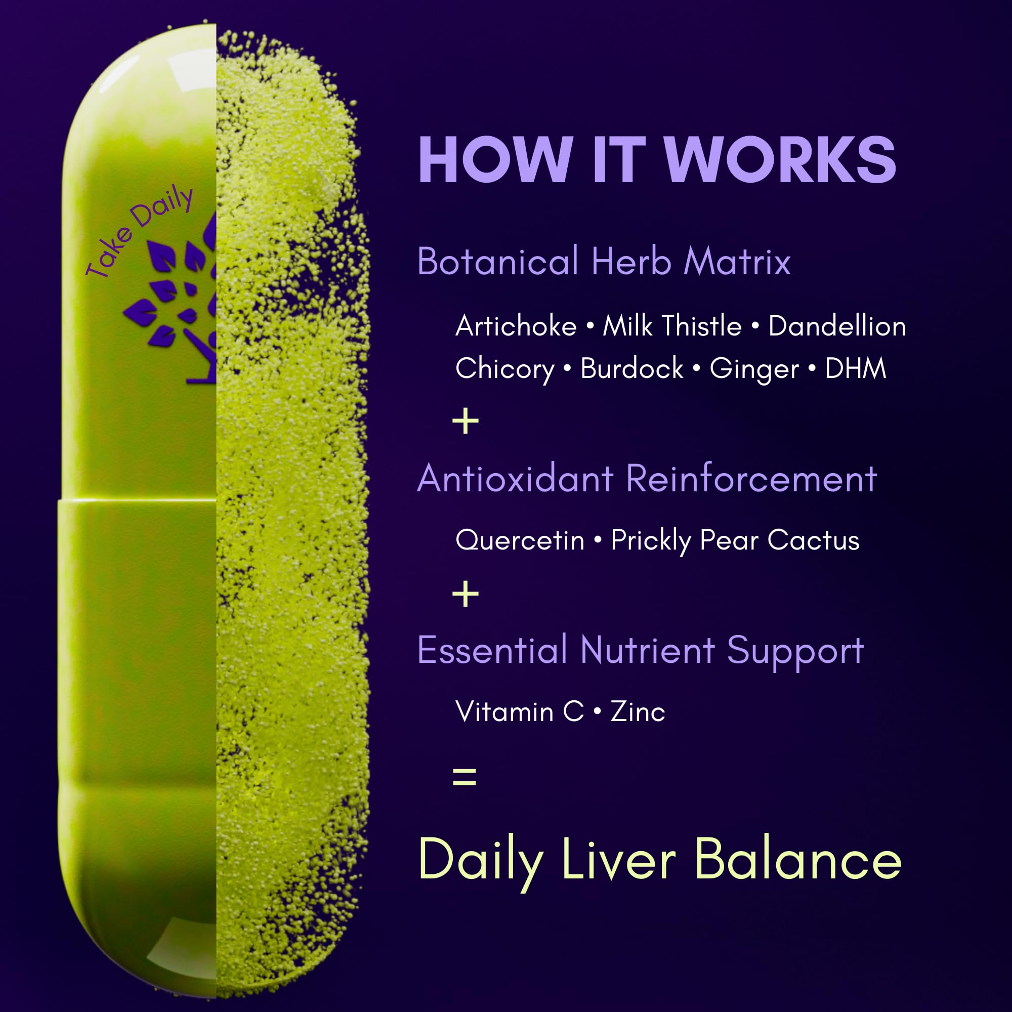 Purple Tree Happy Liver Daily bottle back label with ingredients and vegan formula