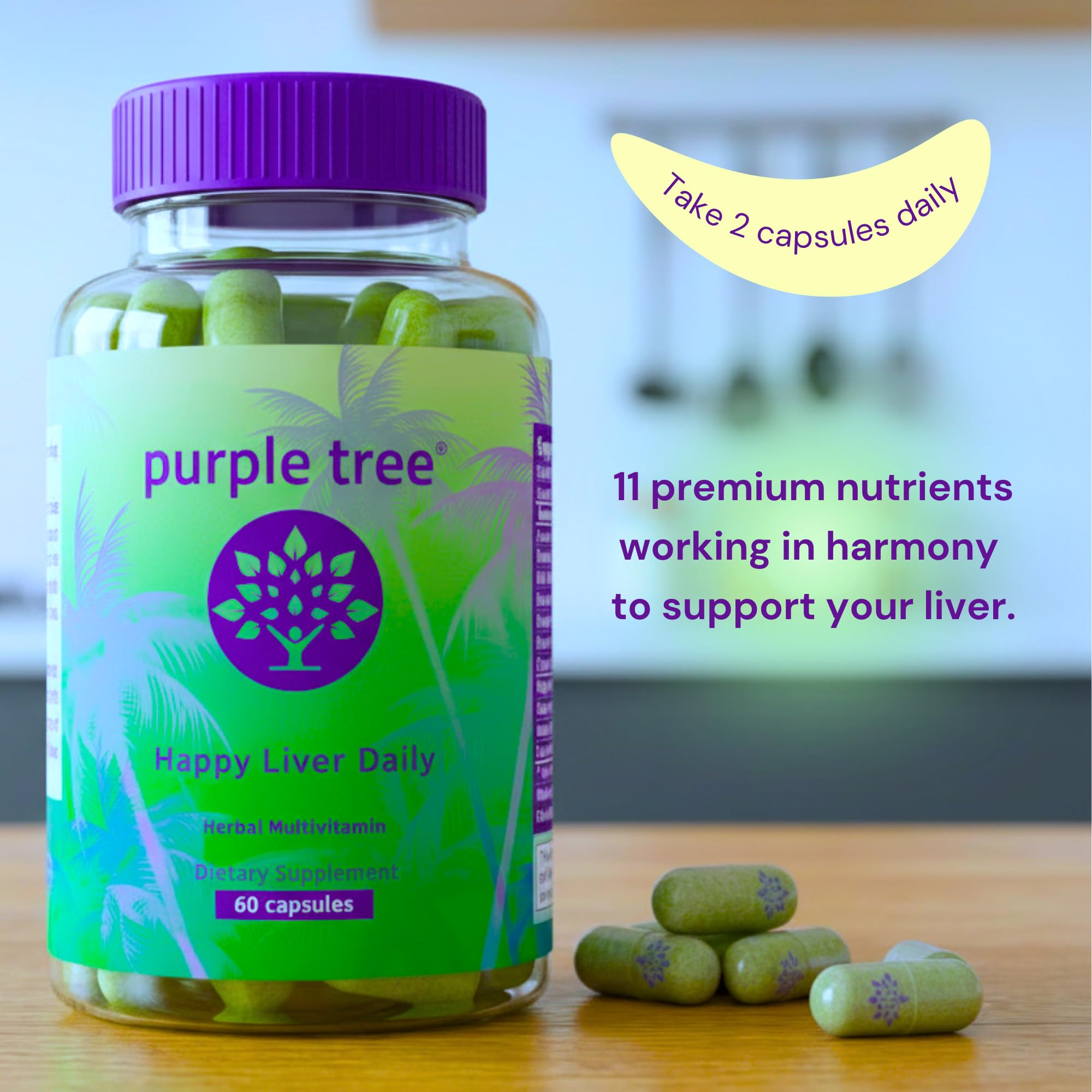 Purple Tree Happy Liver Daily capsules close-up highlighting vegan capsules
