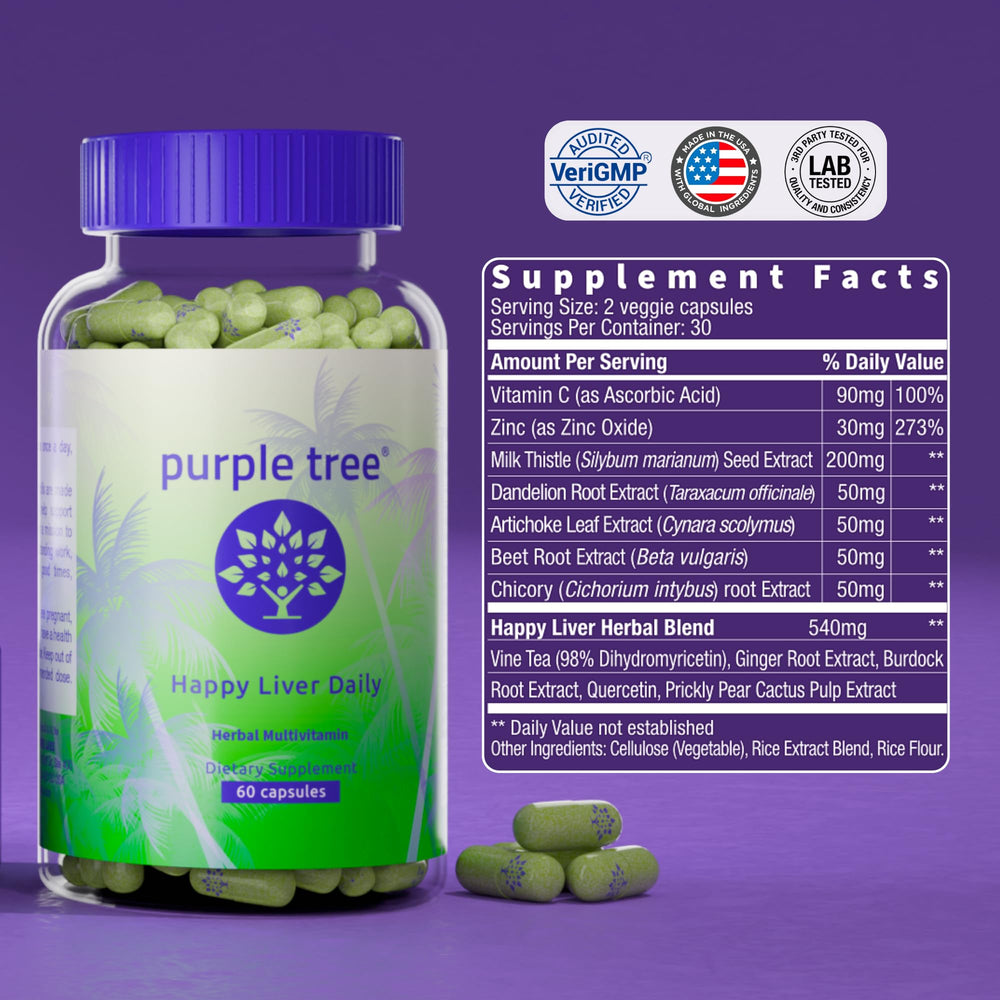 Purple Tree Happy Liver Daily close-up of DHM and botanicals in capsules