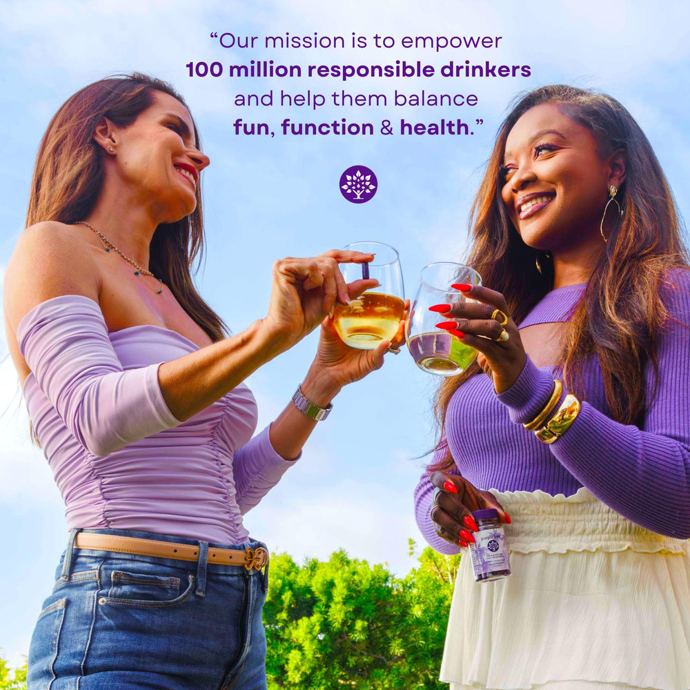 Purple Tree hydration glass suggesting easy post-celebration hydration