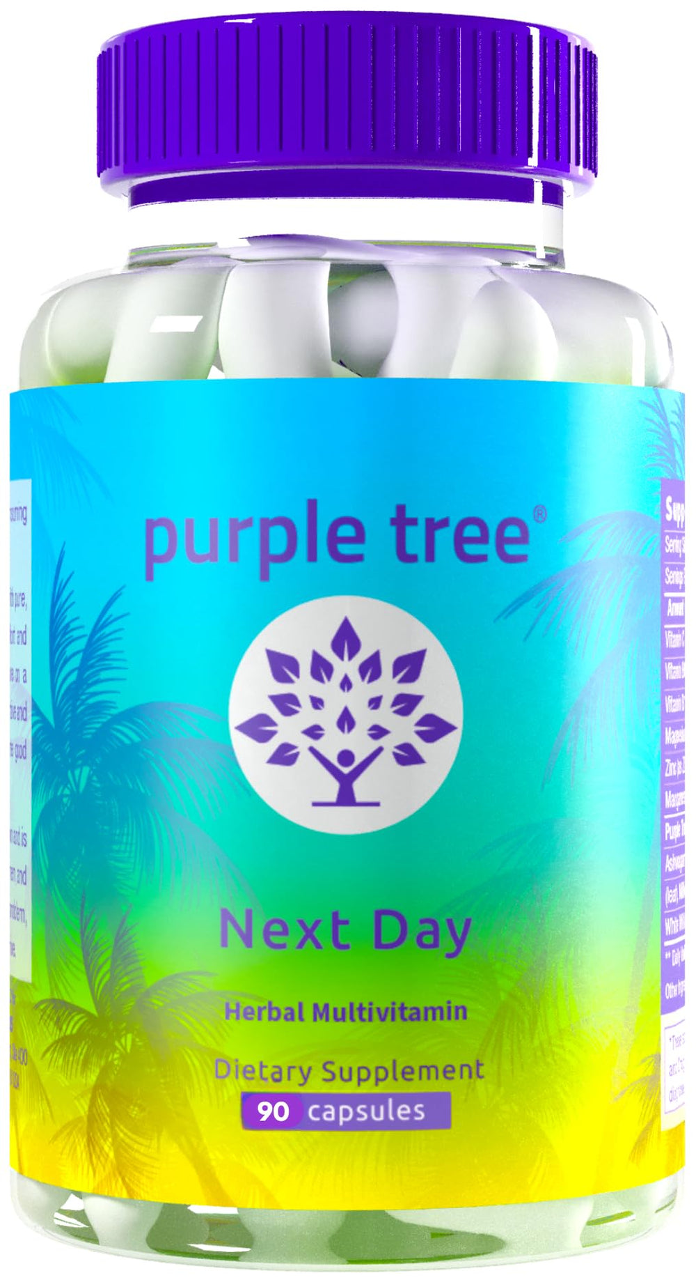 Purple Tree Next Day bottle close-up showing a travel-friendly recovery capsule