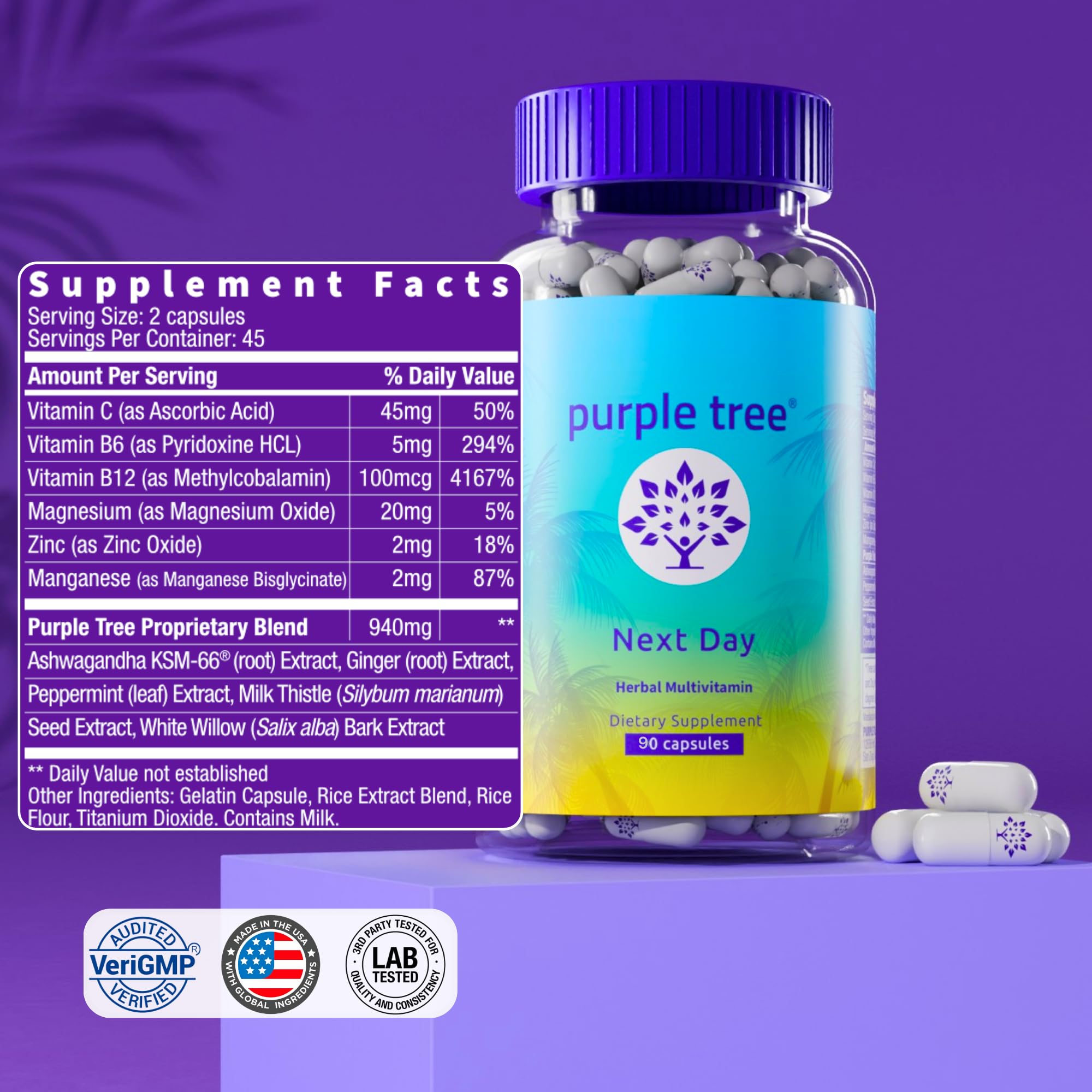 Purple Tree Next Day vitamins B and C capsule close-up with hydration cues