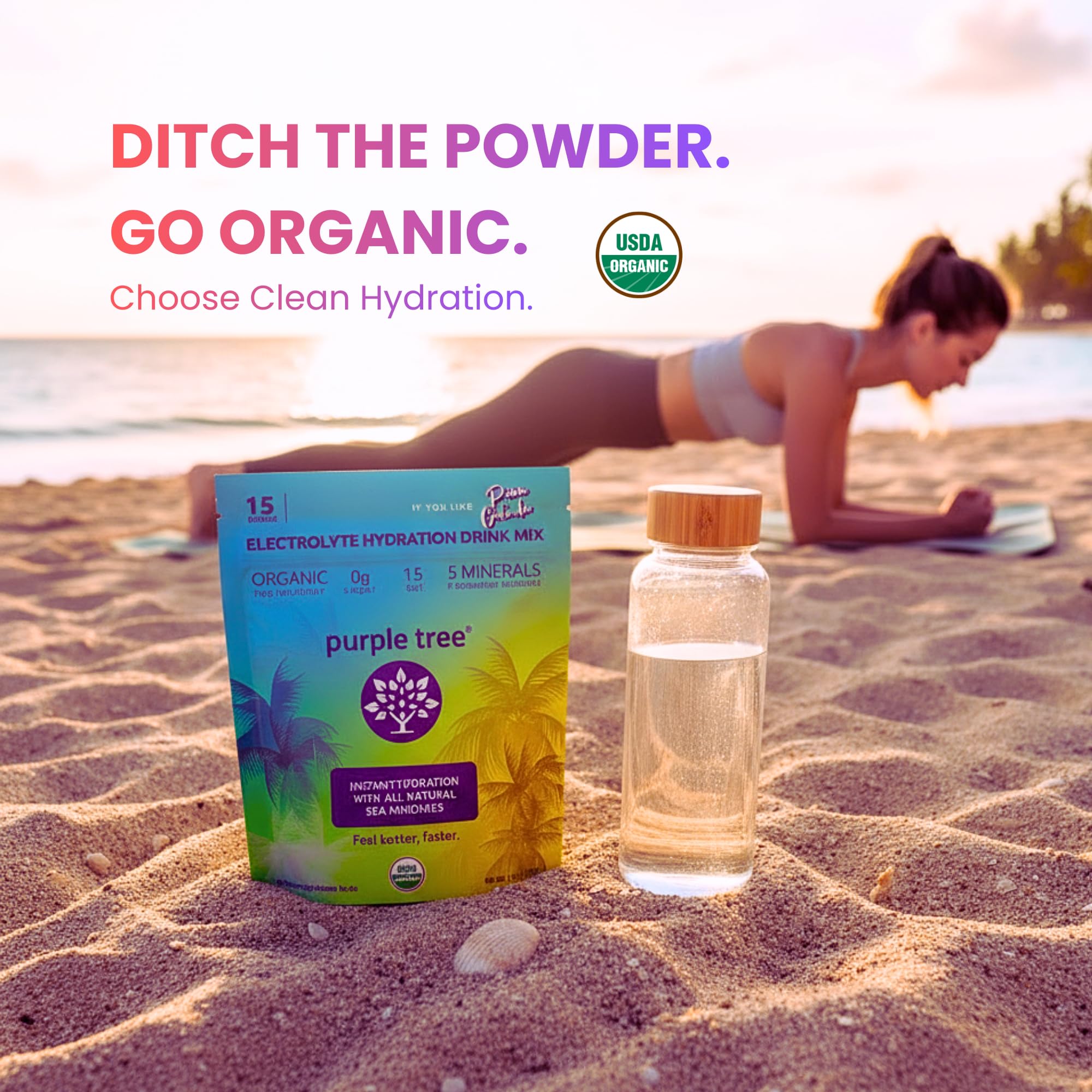 Purple Tree organic liquid electrolyte packet ready to mix in water.