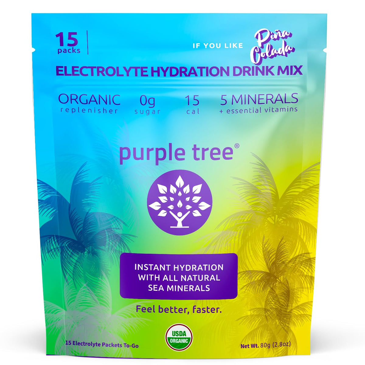 Purple Tree Pina Colada hydration packet pour for quick refreshment on the go.