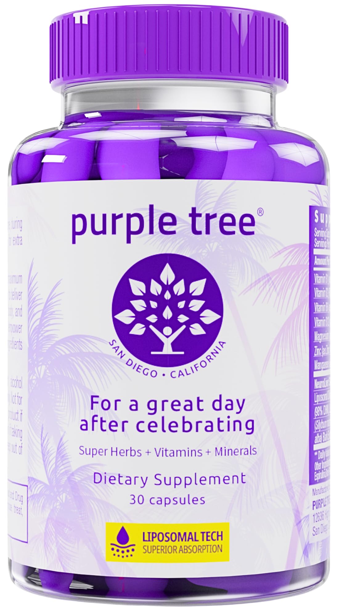 Purple Tree post-celebration bottle for on-the-go wellness after events