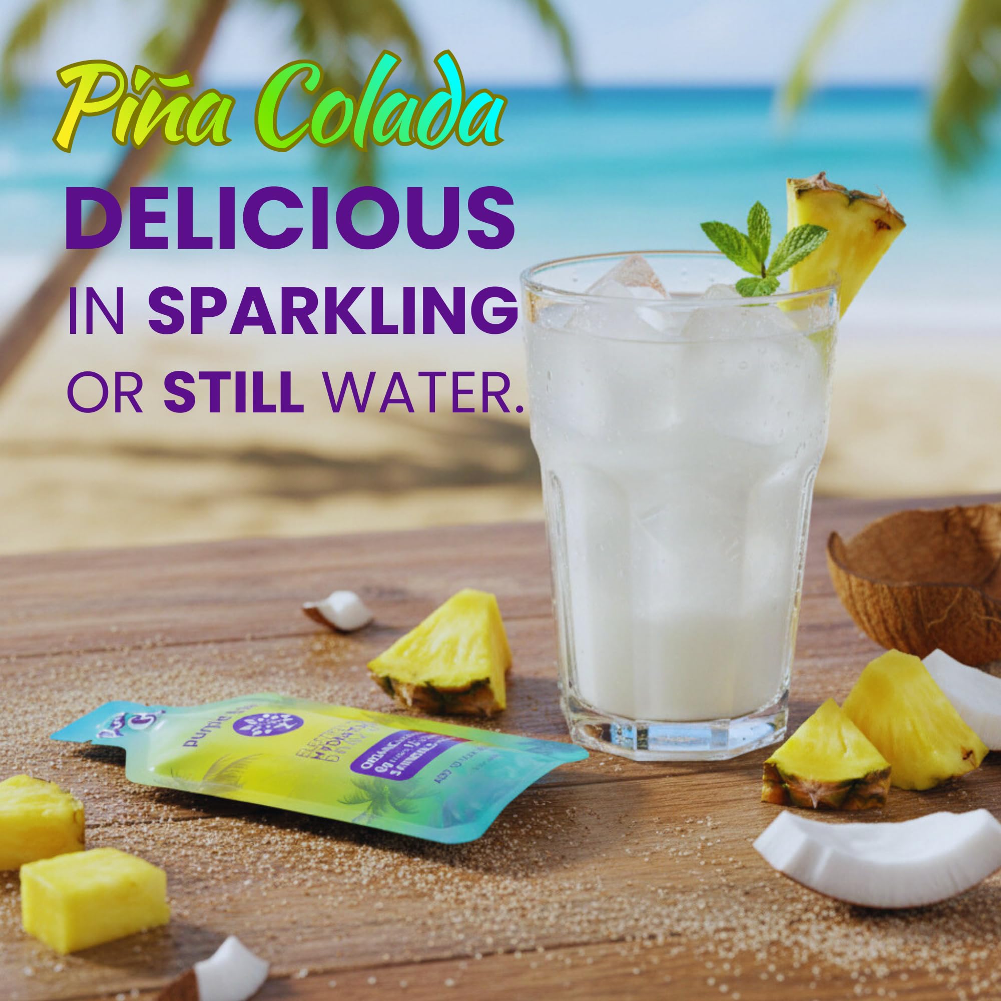 Purple Tree quick-dissolve electrolyte packet in water for post-workout recovery.