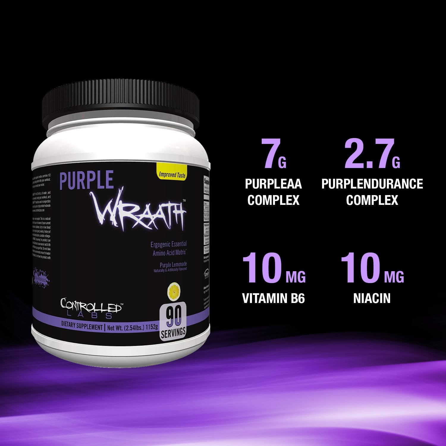 Purple Wraath lemonade powder dissolving in water demonstrating quick absorption.