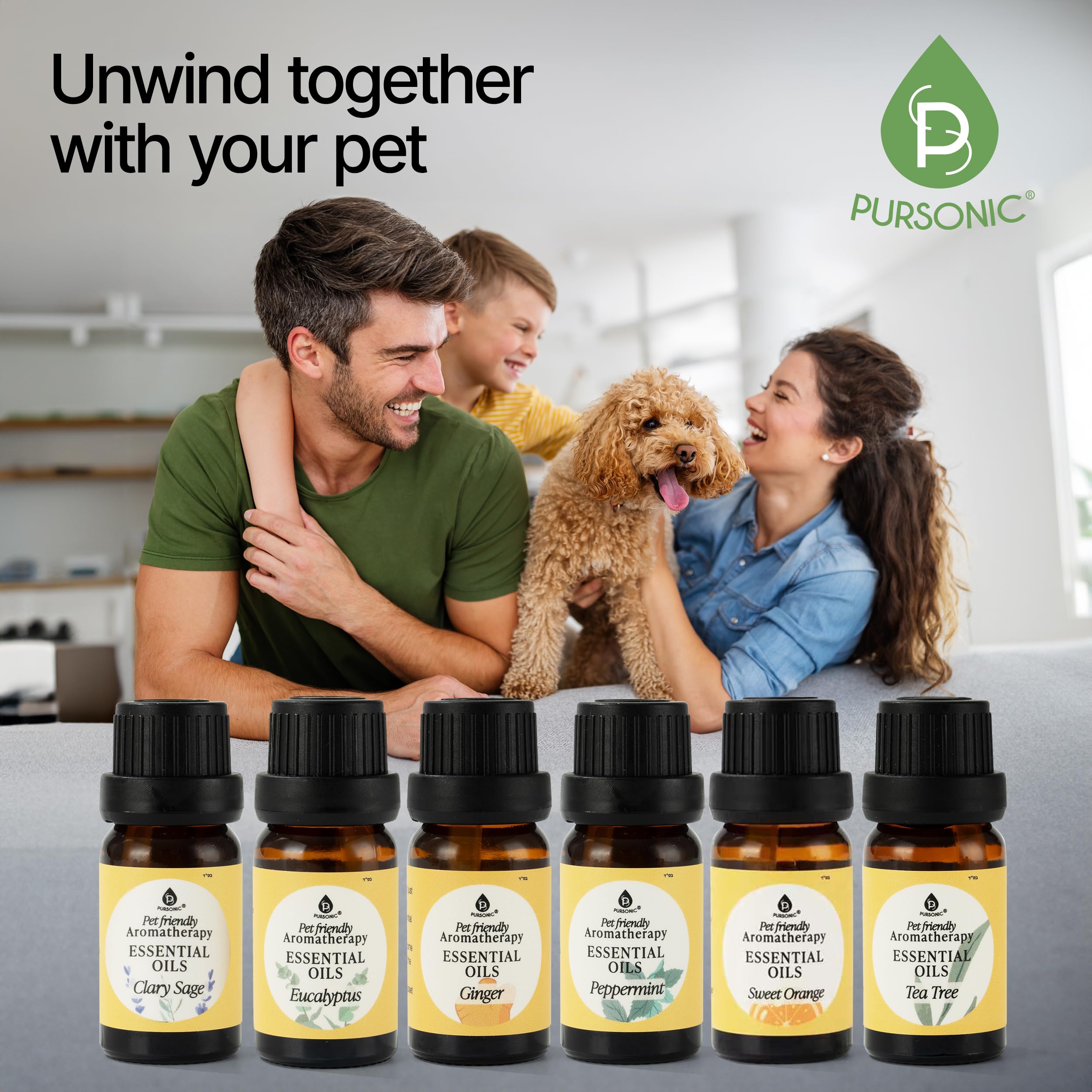 Pursonic Pet-Friendly Aromatherapy Oils six-pack box; versatile scents for many rooms.