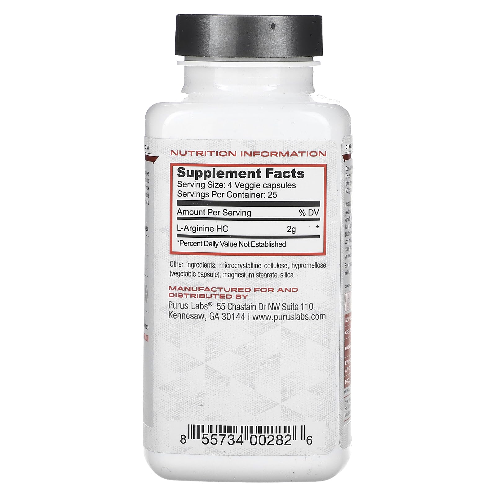Purus Labs L-Arginine Active Amino Acid capsules close-up for potential muscle growth and recovery.
