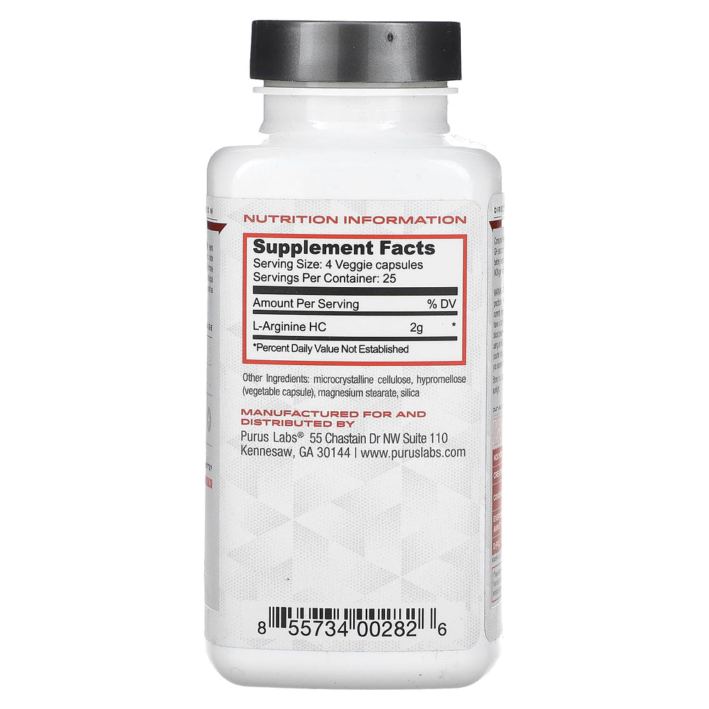 Purus Labs L-Arginine Active Amino Acid capsules close-up for potential muscle growth and recovery.