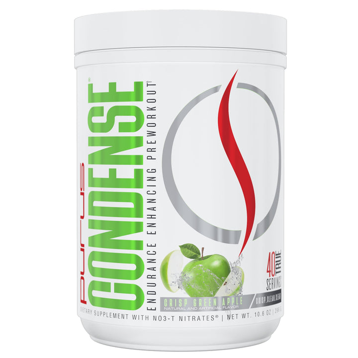 Purus Labs Condense: bote de manzana verde para energía limpia durante el entrenamiento.