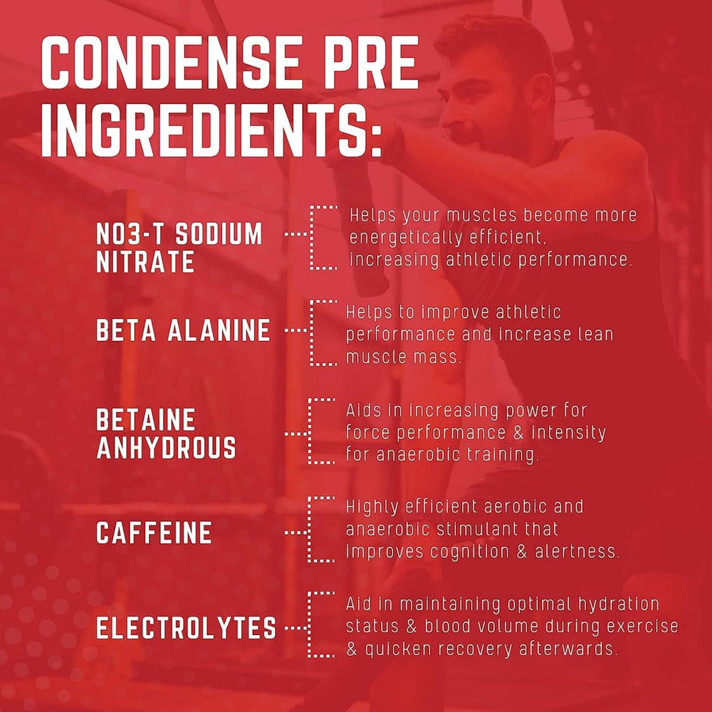 Purus Labs Condense packaging displayed beside gym gear suggesting endurance.