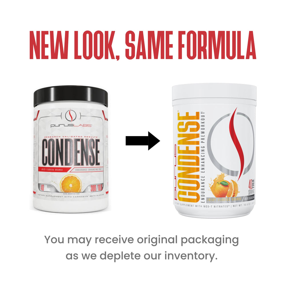 Purus Labs Condense preworkout tub back showing serving info and focus benefits.