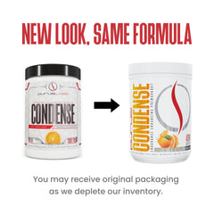 Purus Labs Condense preworkout tub back showing serving info and focus benefits.