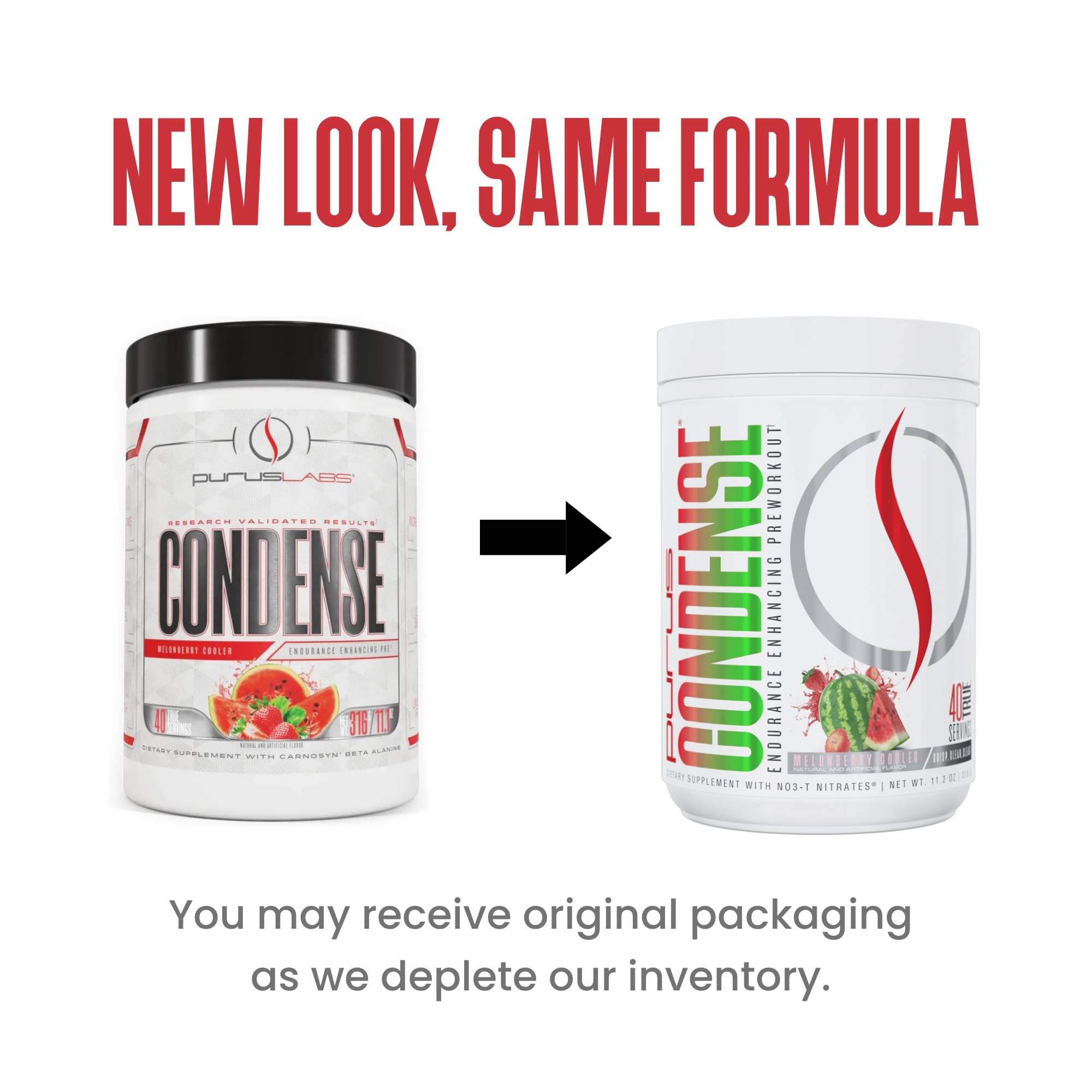 Purus Labs Condense tub front highlights powder texture for fast pre-workout mixing.