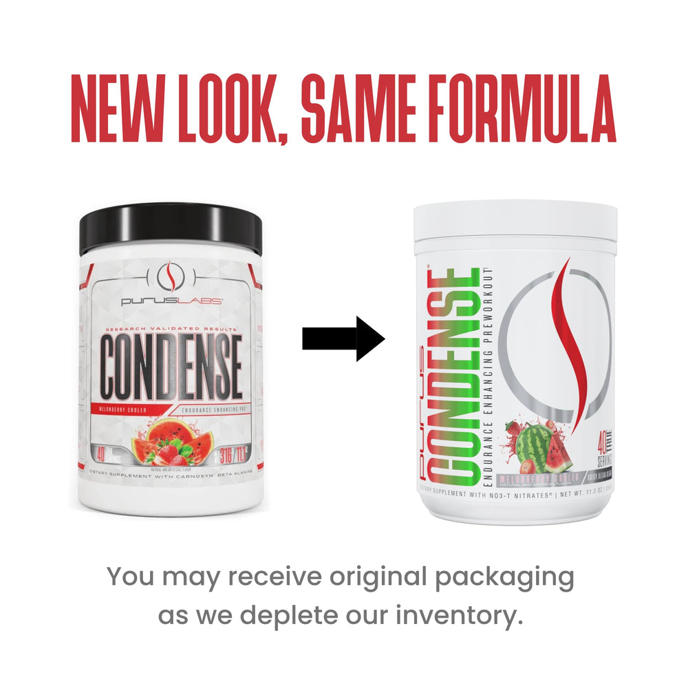 Purus Labs Condense tub front highlights powder texture for fast pre-workout mixing.