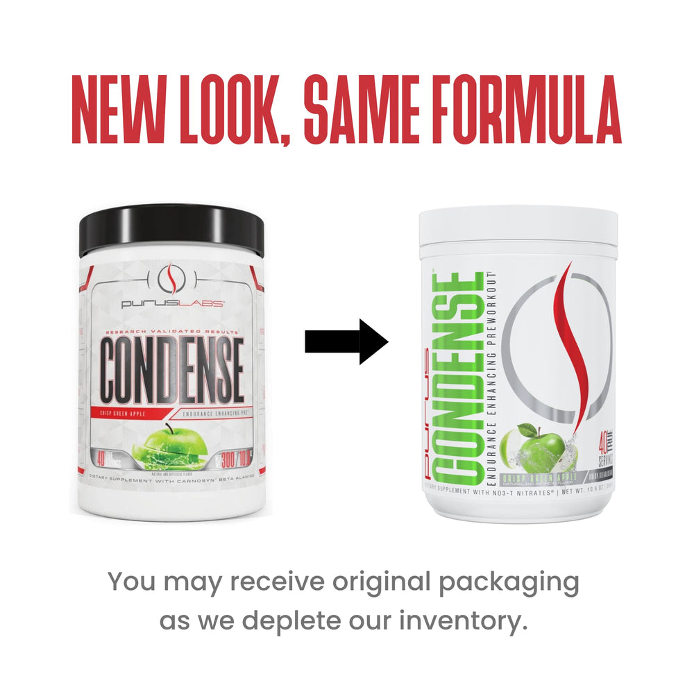 Purus Labs Condense tub label close-up highlighting ingredients and flavor.