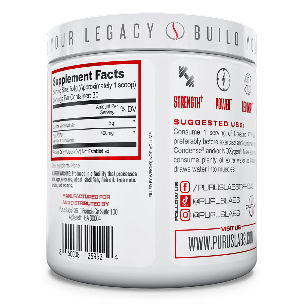 Purus Labs Creatine ATP 30 servings highlights long-lasting gym sessions