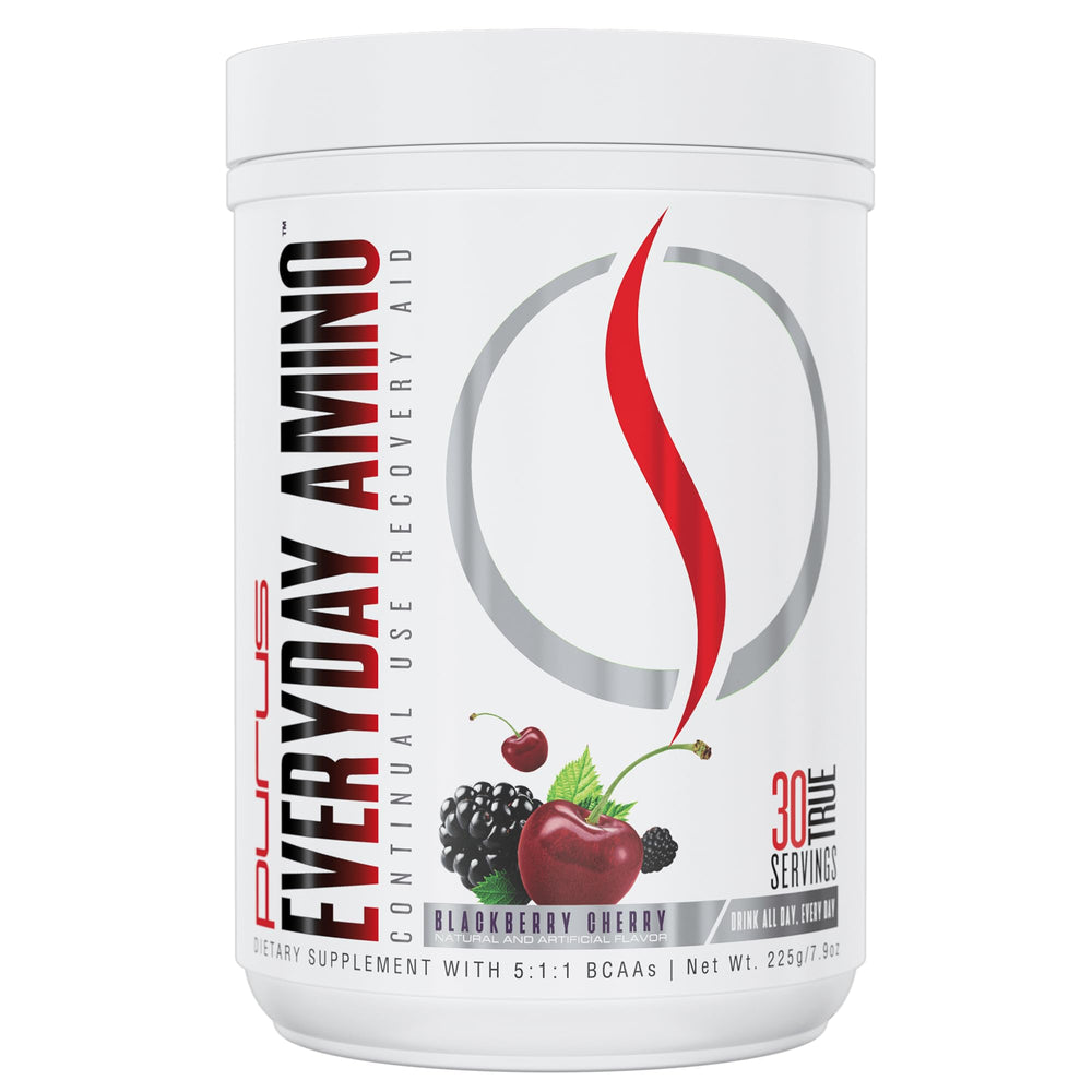 Purus Labs Everyday Amino BCAA Powder bottle highlighting hydration and recovery