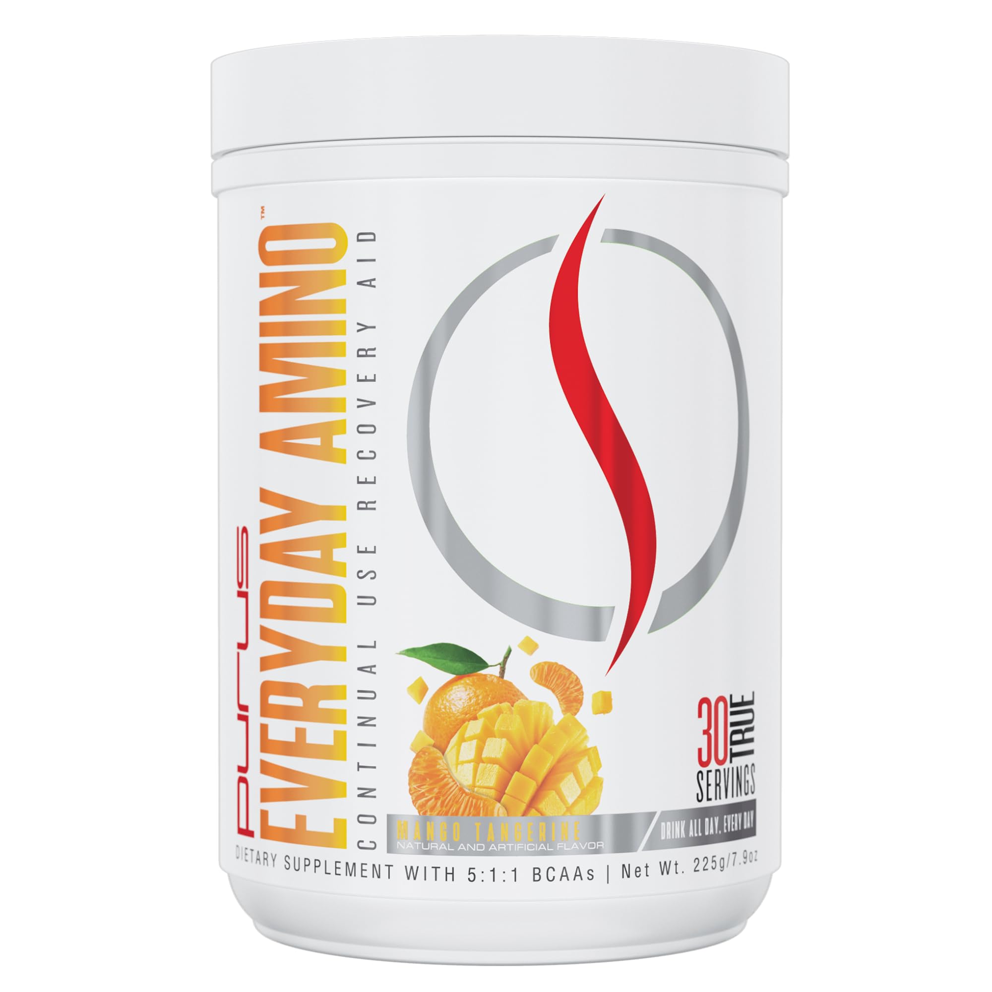 Purus Labs Everyday Amino BCAA powder tub front showing hydration-friendly design.