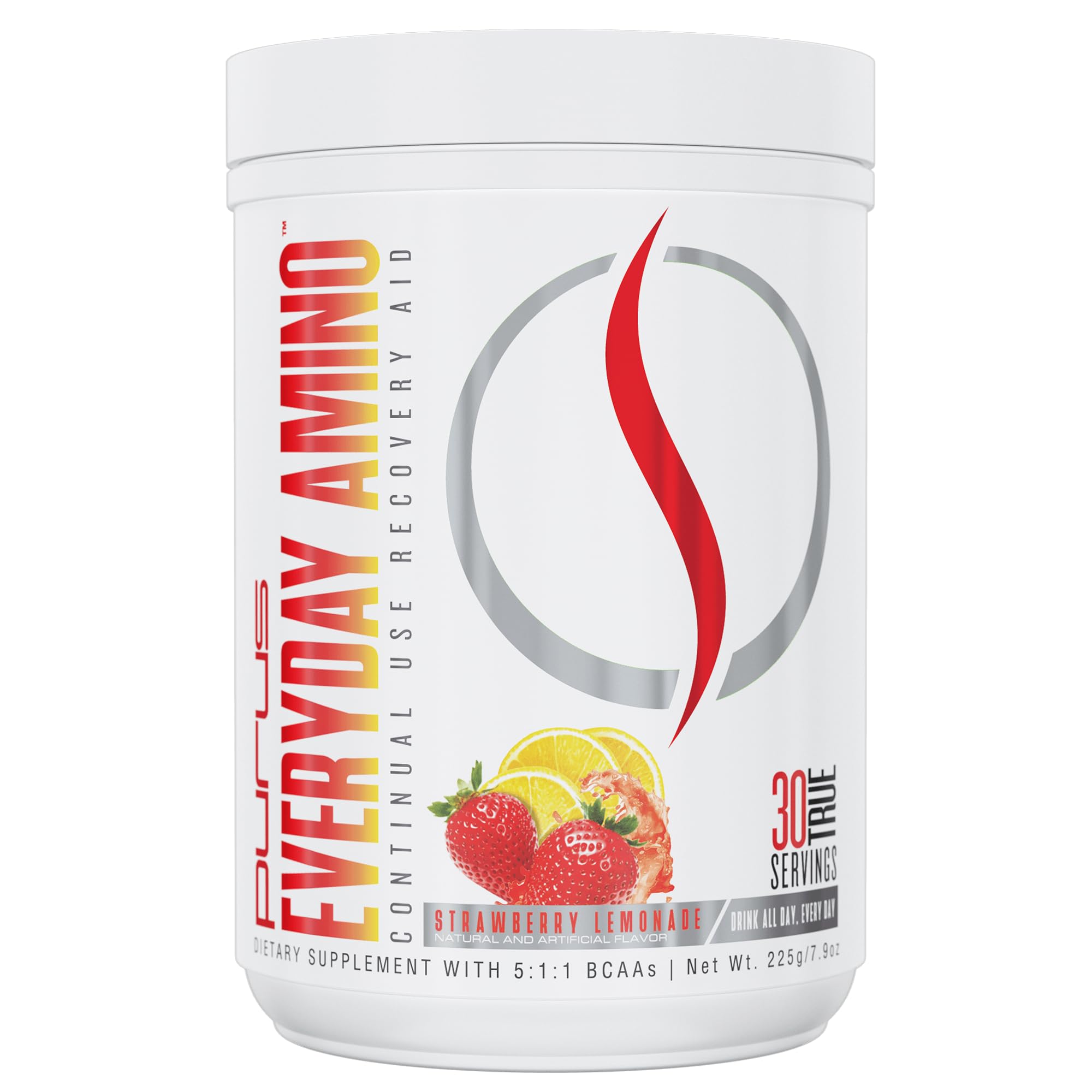 Purus Labs Everyday Amino BCAA Powder tub in Strawberry Lemonade for hydration