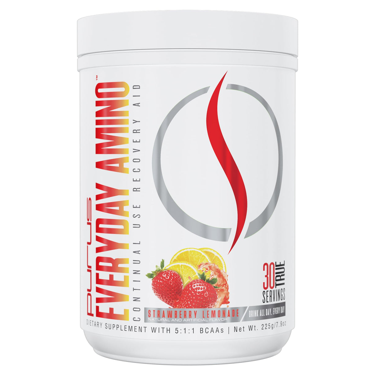 Purus Labs Everyday Amino BCAA Powder tub in Strawberry Lemonade for hydration