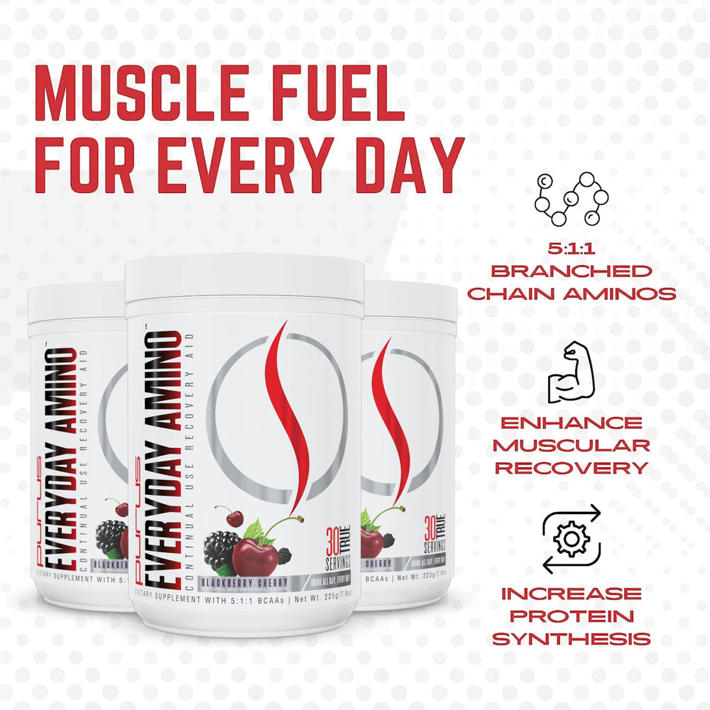 Purus Labs Everyday Amino BCAA Powder tub label emphasizes sugar-free, gluten-free ingredients
