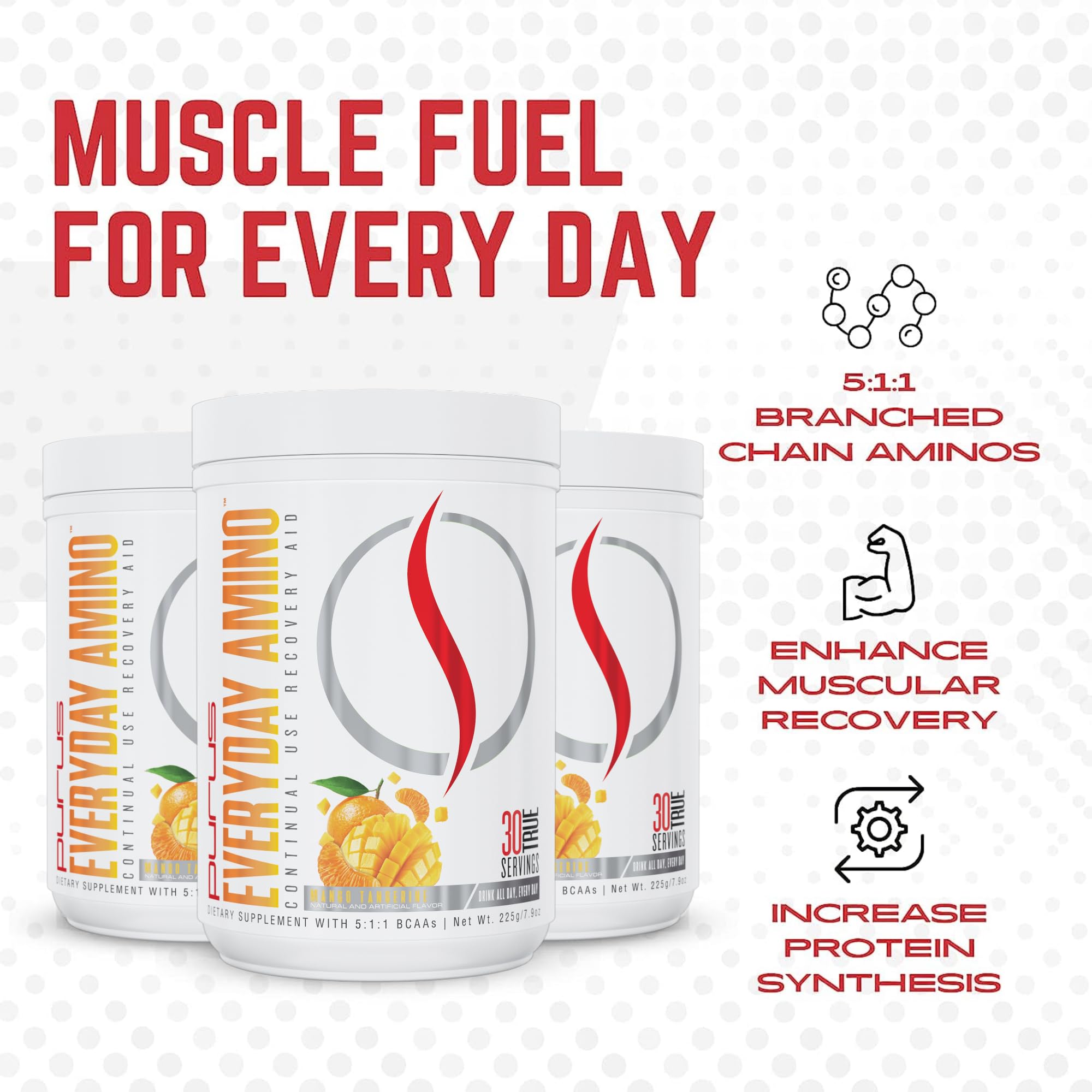 Fresh Mango Tangerine flavor label visible on Purus Labs Everyday Amino tub.