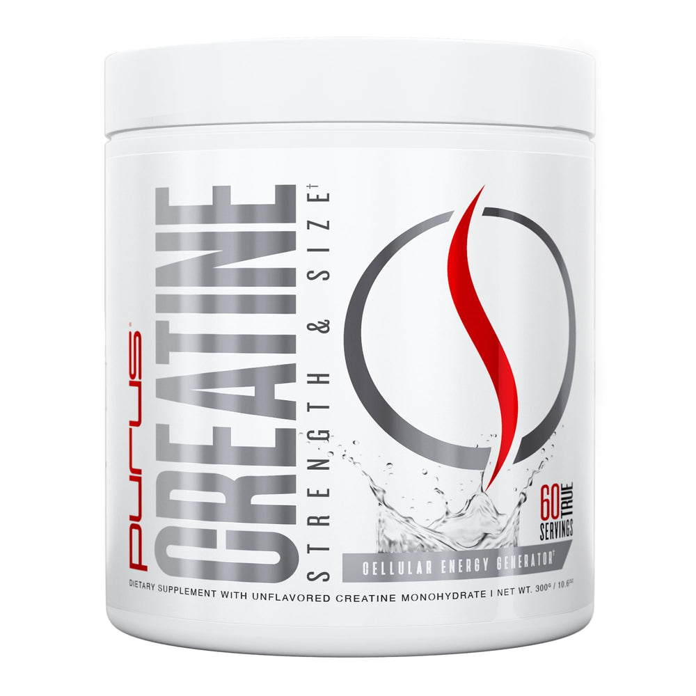 Purus Labs Foundation Creatine Powder bottle closeup shows pure monohydrate for strength and recovery.