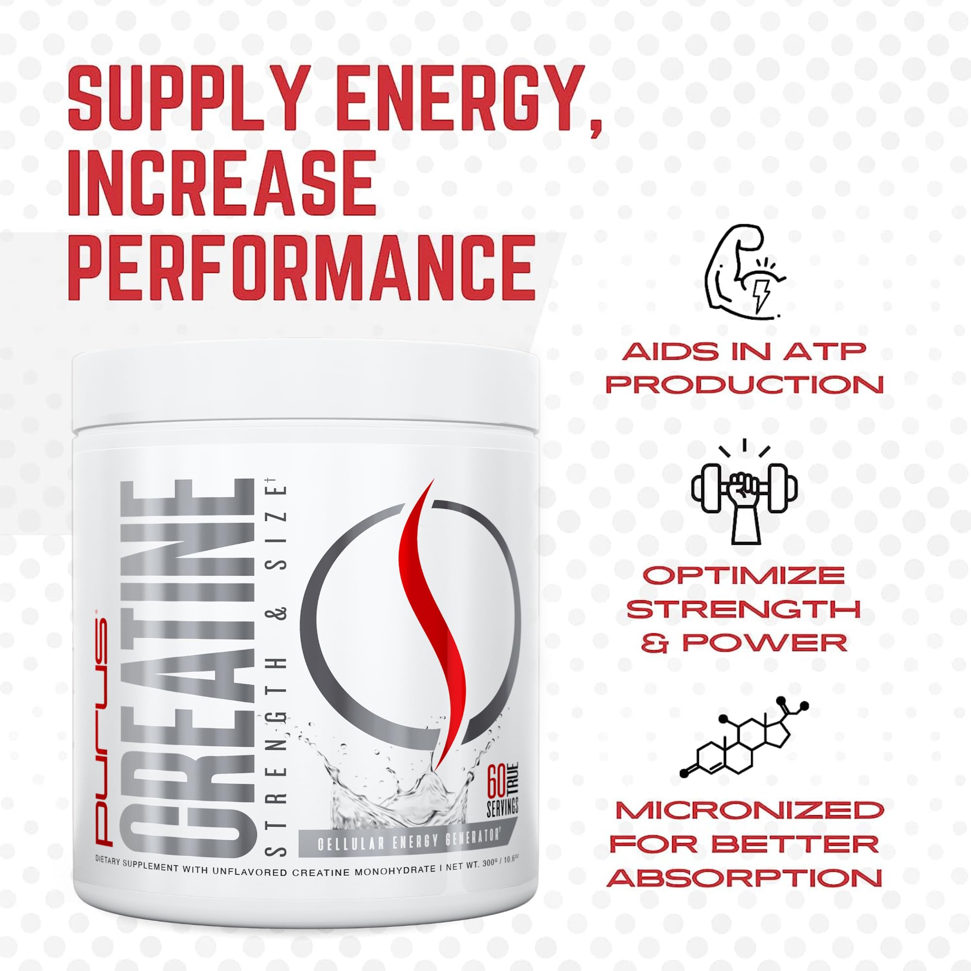 Purus Labs Foundation Creatine Powder scoop beside a preworkout for easy supplementation.